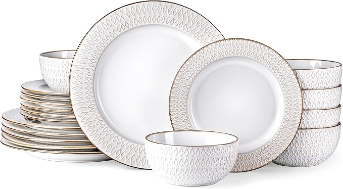 GBHOME Ceramic Dinnerware Sets,18 pcs Embossed Elegant Stoneware Plates and Bowls Sets, Housewarming Wedding Gift | Dishwasher &amp; Microwave Safe | Dishes Set Service for 6