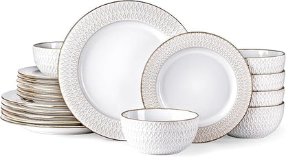 GBHOME Ceramic Dinnerware Sets,18 pcs Embossed Elegant Stoneware Plates and Bowls Sets, Housewarming Wedding Gift | Dishwasher &amp; Microwave Safe | Dishes Set Service for 6