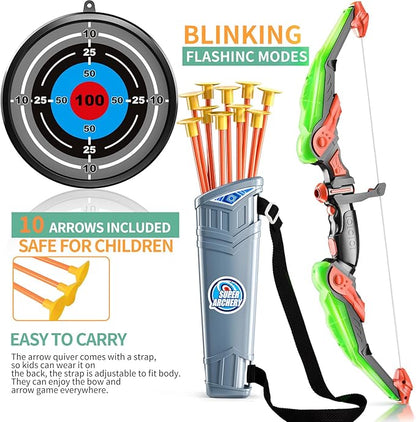 TEMI Bow and Arrow Set for Kids - Archery Toy Set - LED Light Up with Suction Cup Arrows, Target &amp; Quiver, Indoor and Outdoor Toys for Children Boys Girls