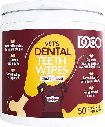 DOCO Dog Teeth Cleaning Wipes Dental Finger Wipes for Cats &amp; Dogs Remove Plaque &amp; Tartar, Freshen Breath, No Rinse, Easy &amp; Effective Pet Tooth Cleaning Kit for Oral Care, Chicken Flavor, 50 Count