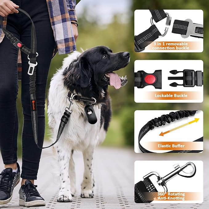 Removable Dog Seat Belt Harness for Car, 3 in 1 Pet Dog Car Seatbelt Leash, Retractable Restraint Secures to Vehicle Headrest &amp; Adjustable Reflective Bungee Dog Seatbelt Tether, Black