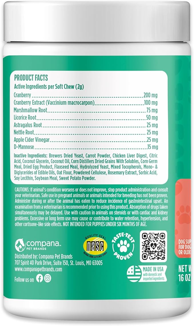 Doggie Dailies Cranberry Supplement for Dogs - Urinary Tract, Bladder &amp; Kidney Support for Dogs - Cranberry for dogs with Marshmallow Root, Licorice Root &amp; Apple Cider Vinegar (Chicken) 225 Soft Chews