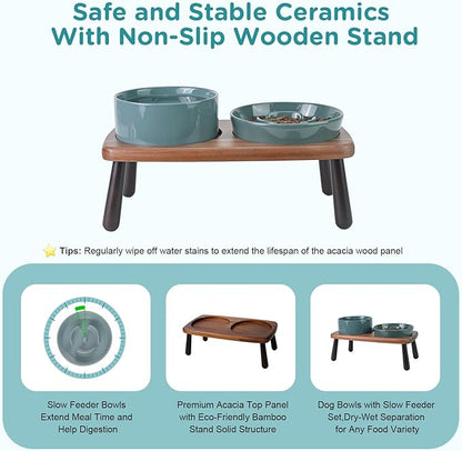 SPUNKYJUNKY Ceramic Elevated Dog Bowls with Slow Feeder Raised with Acacia Bamboo Wooden Stand, 6.1&