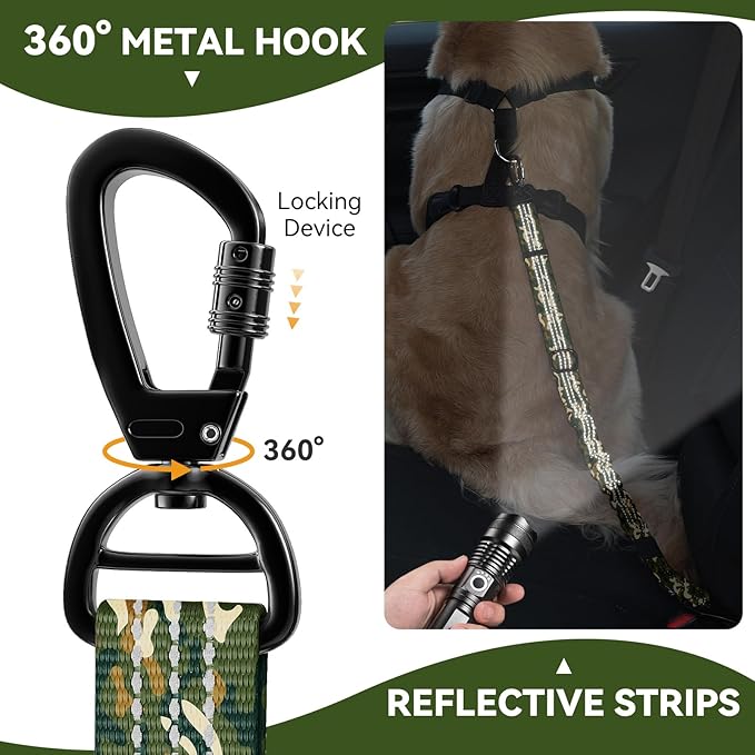 Pawaboo 2Pack Dog Seatbelt for Car, Dog Car Seat Belt Bungee, Dogs Tether with Buckle &amp; Hook Latch, Adjustable Reflective Dogs Cars Harness Leash with 360° Lockable Buckle, Army Green Camouflage