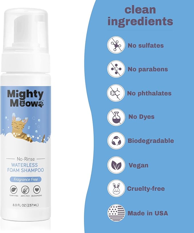 Waterless Foam Shampoo for Cats - No Rinse, Dry Shampoo for Cats - Eliminates Odors - Gentle &amp; Anti-Itch - Natural &amp; Hypoallergenic Waterless Cat Shampoo – Fragrance Free - 8 fl oz