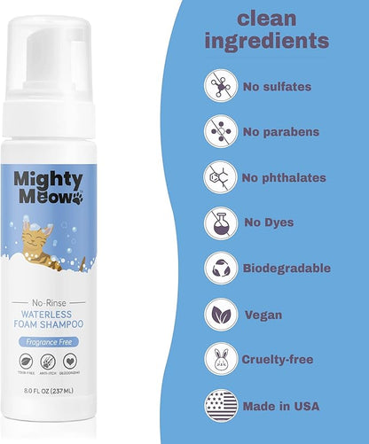 Waterless Foam Shampoo for Cats - No Rinse, Dry Shampoo for Cats - Eliminates Odors - Gentle &amp; Anti-Itch - Natural &amp; Hypoallergenic Waterless Cat Shampoo – Fragrance Free - 8 fl oz