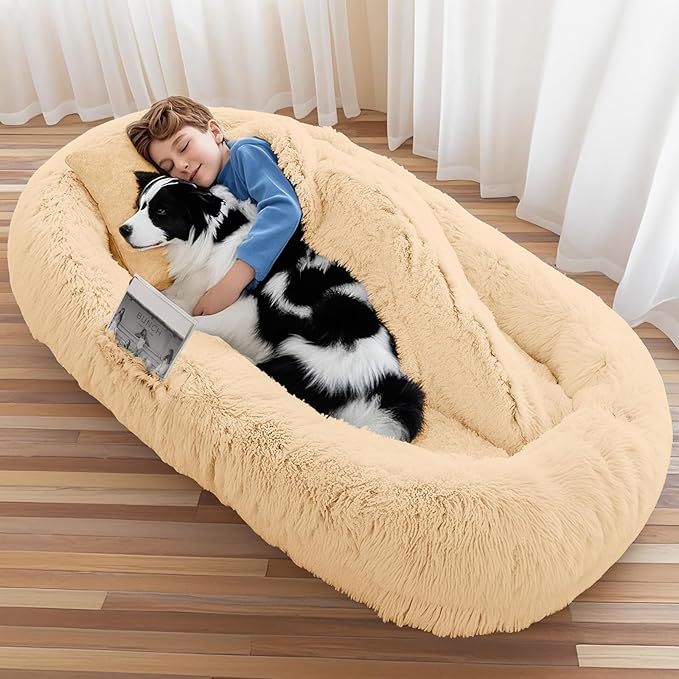 Human Dog Bed for Adults &amp; Pets, 63"x32"x10" XL Faux Fur Nap Bed with Pillow, Blanket &amp; Strap, Orthopedic Washable Lounger for Sleeping, Relaxing, Cuddling – Beige