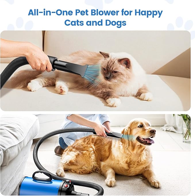Dog Dryer, 5.2HP/3800W High Velocity Dog Hair Dryer with 4 Nozzles, Stepless Adjustable Speed &amp; Temperature Control, Low Noise Professional Dog Grooming Dryer (Blue)