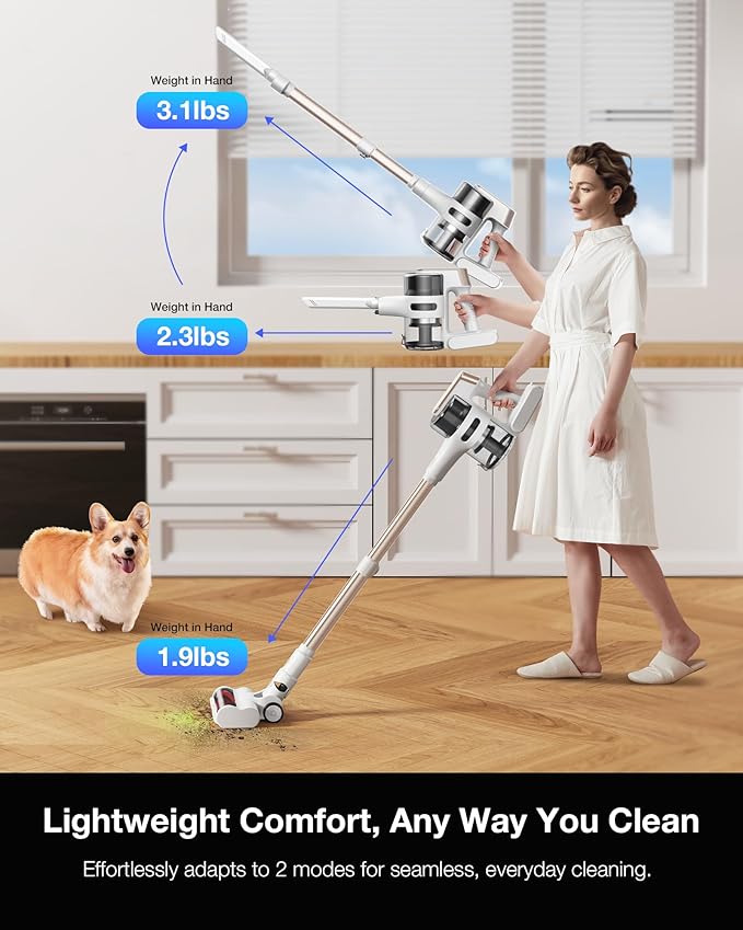 Cordless Stick Vacuum Cleaner for Home, Lightweight Rechargeable Vacuum with 55min Runtime, Powerful Suction, Green LED Headlight, 9-in-1 Pet Hair Carpet &amp; Hardwood Floor Cleaner