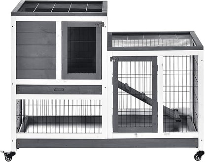 PawHut Wooden Rabbit Hutch Elevated Bunny Cage Indoor Small Animal Habitat with Enclosed Run with Wheels, Ramp, Removable Tray Ideal for Guinea Pigs, Grey