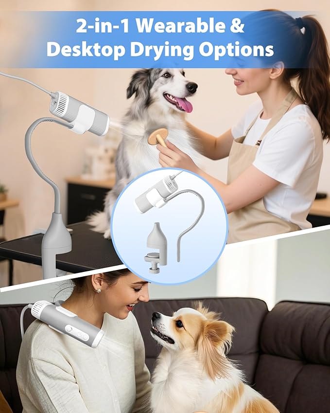 2-in-1 Hands-Free Dog Hair Dryer with Table Clamp – Low Noise Pet Grooming Dryer for Dogs &amp; Cats, Adjustable Heat &amp; Speed, Wearable or Desktop Use(Gray)
