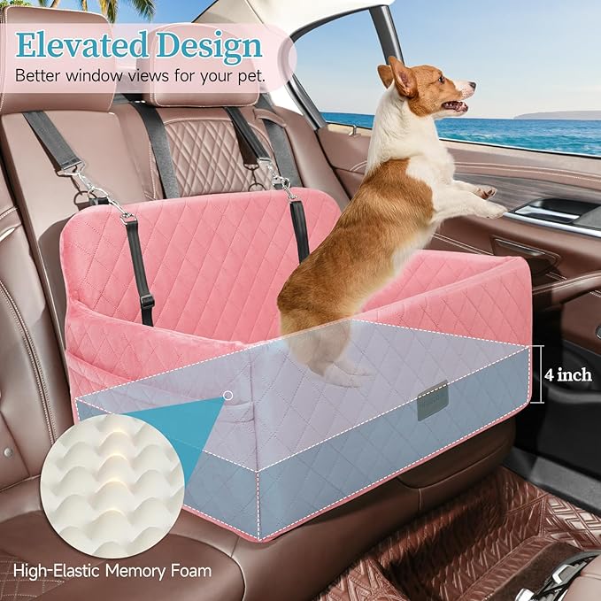 Dog Car Seat for Medium/Large Dogs, Pet Booster Seat for Under 55 lbs or 2 Small Dogs, Detachable &amp; Washable Dog Car Bed for Backseat with 2 Safety Leashes (Pink)
