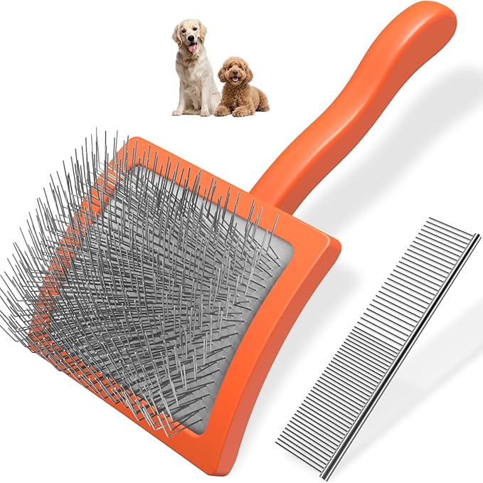 2PCS Slicker Brush for Dogs &amp; Pet Comb,Professional Dog Grooming Brush (Goldendoodles,Poodles,Labradoodles) with Extra Long Pins to Effectively Remove Tangles, Knots and Mats (Orange)