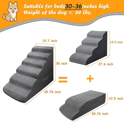 Dog Stairs&amp;Steps for 30 Inches High Bed Up to 30-36 Inch Tall, Pet Cat Ramp Ladder for Small Dogs, Doggie, Old Cats, Kitty, Small Animals Grey