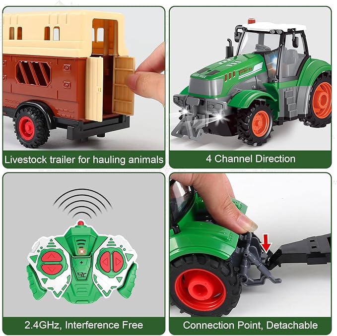 fisca Remote Control Tactor Toy Set &amp; 33PSC Farm Vehicle Playset - Animal Figurines ,2.4GHz 1/24 Scale RC Tractor,Livestock Trailer, Fence with Light for Kids Age 4, 5, 6, 7 and Up Years Old