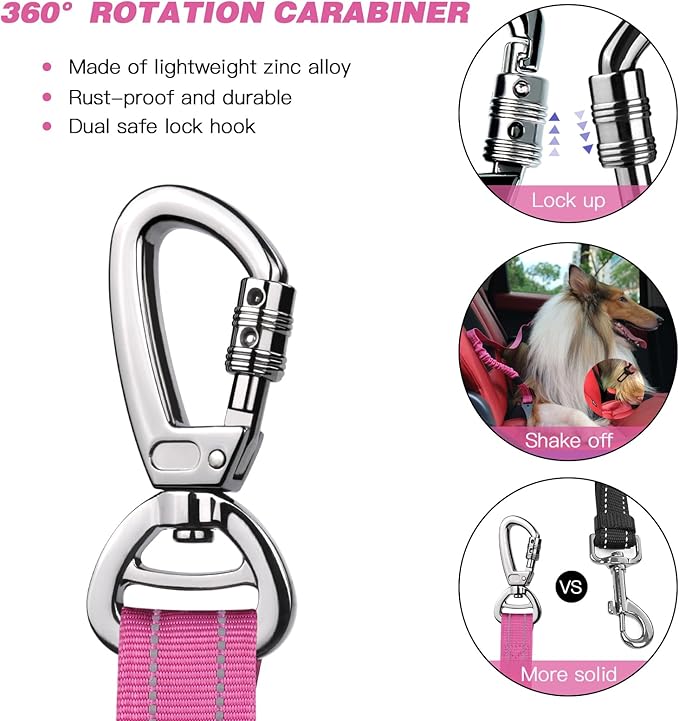 AUBELL Dog Seat Belt for Car,2 Pack Set 3-in-1 Adjustable Reflective Bungee Heavy Duty Dog Car Harness Tether with Clip Hook Latch &amp; Buckle,Swivel Zinc Alloy Carabiner,Black+Hotpink
