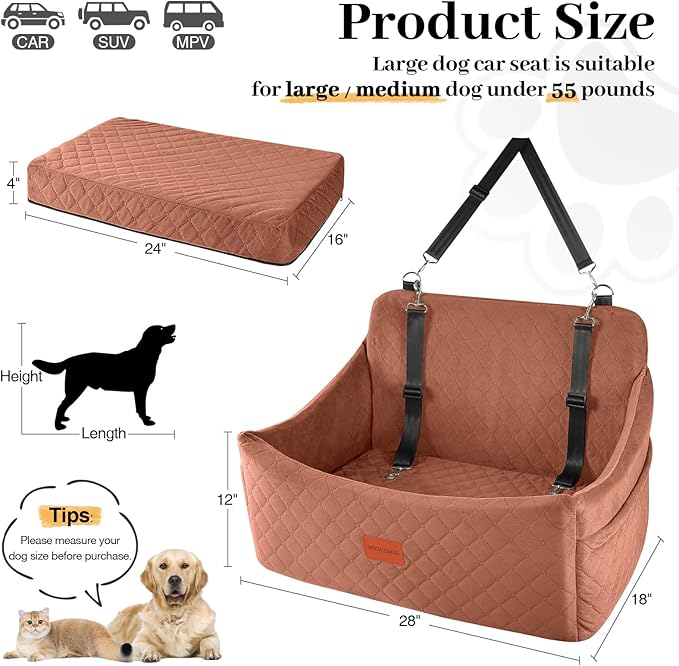 Dog Car Seat for Medium &amp; Large Dogs Up to 55lbs, Memory Foam Cushion, Washable Cover, Safety Straps &amp; Non-Slip Base (Brown, Large)