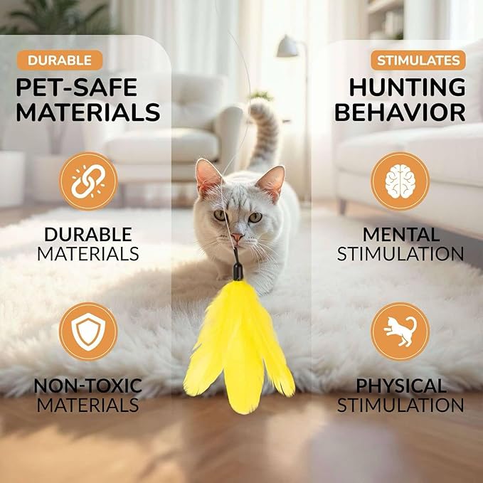 PAWSITIVE Interactive Cat Toys - Retractable Feather Wand with Refill Set 12PCS - Perfect for Indoor Cats to Chase, Exercise &amp; Bond with Their Owners