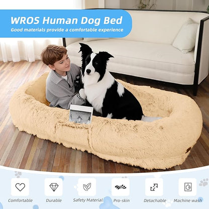 Human Dog Bed for Adults &amp; Pets, 63"x32"x10" XL Faux Fur Nap Bed with Pillow, Blanket &amp; Strap, Orthopedic Washable Lounger for Sleeping, Relaxing, Cuddling – Beige