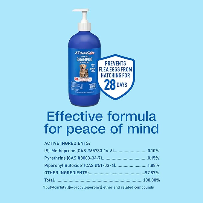 Adams Plus Flea &amp; Tick Shampoo with Precor for Cats, Kittens, Dogs &amp; Puppies Over 12 Weeks Of Age |Sensitive Skin Flea Treatment |Kills Adult Fleas, Flea Eggs, Ticks, and Lice |24 Oz, Pump Included