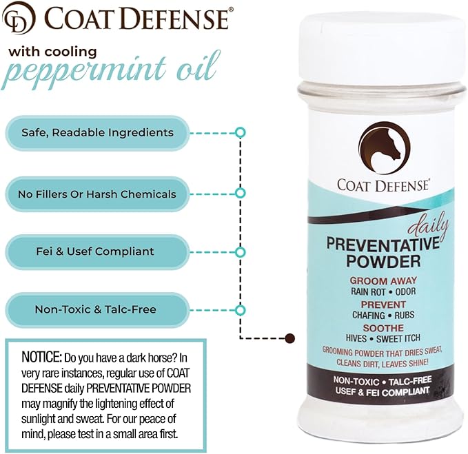 Coat Defense Daily Preventative Powder for Horses - Safe &amp; Effective Equine Sweet Itch, Skin Funk, Scratches, &amp; Rain Rot Treatment - Dry Shampoo for Horses, 8 oz Formula with All Natural Ingredients