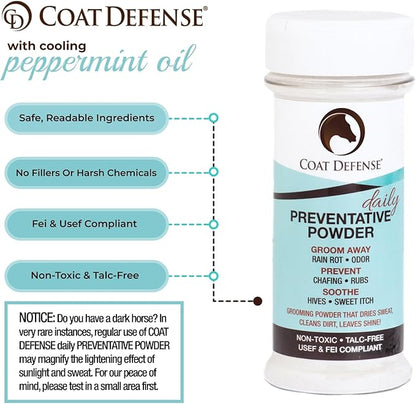 Coat Defense Daily Preventative Powder for Horses - Safe &amp; Effective Equine Sweet Itch, Skin Funk, Scratches, &amp; Rain Rot Treatment - Dry Shampoo for Horses, 8 oz Formula with All Natural Ingredients