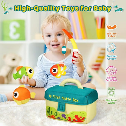 KMUYSL Baby Toys 6-24 Months, My First Tackle Box Plush Toys -4 Pcs Sensory Playset Soft Toys with Squeaker Crinkle for 6-24 Months Newborn Infant, Birthday for Boys Girls