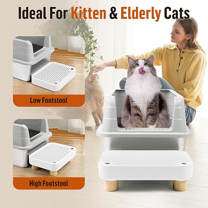 Cat Litter Box Step Ramp, Cat Litter Catcher Mat with Wooden Feet, Filter Function, Cat Pedal Stool for Self-Cleaning Cat Litter Box, Ideal for Kitten &amp; Elderly Cats (White)