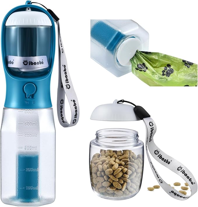 Dog Water Bottle with Food Container &amp; Poop Bag Holder, Travel Water Bowl, Portable Pet Dispenser, Dog Stuff Accessories Items, Puppy Essentials Necessities for Yorkie Chihuahua Walking Hiking