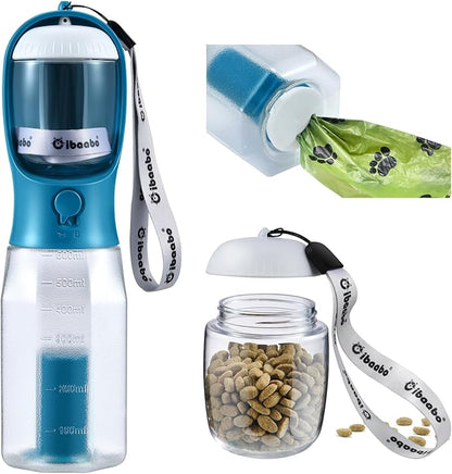 Dog Water Bottle with Food Container &amp; Poop Bag Holder, Travel Water Bowl, Portable Pet Dispenser, Dog Stuff Accessories Items, Puppy Essentials Necessities for Yorkie Chihuahua Walking Hiking