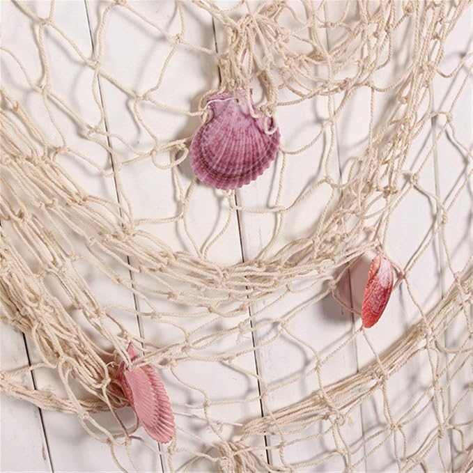 Nature Fish Net Wall Decoration with Shells, Ocean Themed Wall Hangings Fishing Net Party Decor for Pirate Party,Wedding,Photographing Decoration (Fishnet-2pack-Beige)