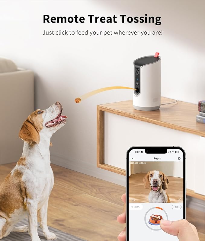 2K Pet Camera Treat Dispenser, 360°View Dog Camera with Phone App, 5G&amp;2.4G WiFi 2-Way Talk Pet Cam Indoor for Cats Remote Treat Tossing, Motion Alerts, Auto Tracking