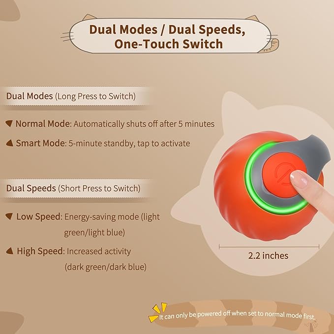 Speedy Tail 2.0 Interactive Cat Toy – Smart Self-Rolling Cat Ball with Feather Tail, Automatic Moving Motorized Toy for Indoor Cats, Chasing &amp; Hunting Fun (Orange)