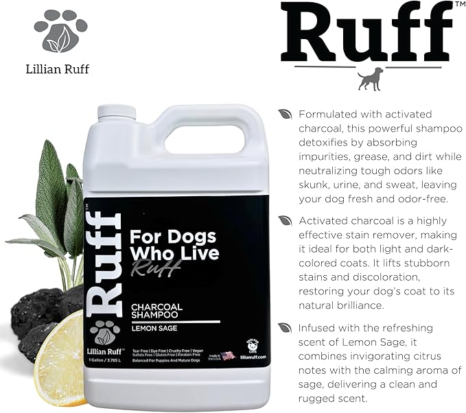 Ruff by Lillian Ruff Activated Charcoal Pet Shampoo – Lemon Sage – Deep Cleanser, Deodorizer &amp; Stain Remover – Hydrates Dry Itchy Skin – Puppy &amp; Dog Safe – USA Made (Gallon Pump)