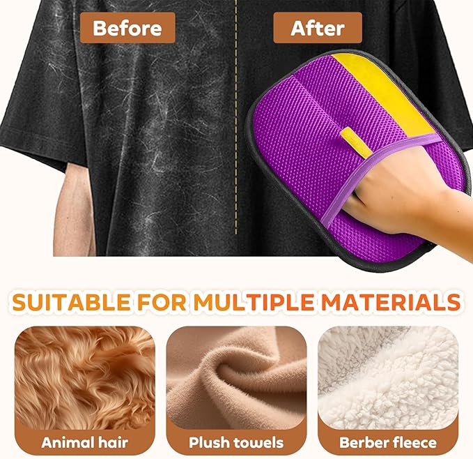 Reusable Pet Hair Remover Gloves – Electrostatic Lint &amp; Fur Removal, Machine Washable Cleaning Gloves for Furniture, Clothes &amp; Car (Purple)