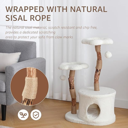 NATURAL EXPRESSIONS Modern Cat Tree and Tower for Indoor, Luxury Solid Wood Condo for Large Cats, Flower Cat Tree with Scratching Post, Cat Climbing Furniture with Cat Hiding Enclosure