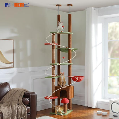PEQULTI Mushroom Cat Tree Floor to Ceiling Cat Tower Adjustable Height (90.5&