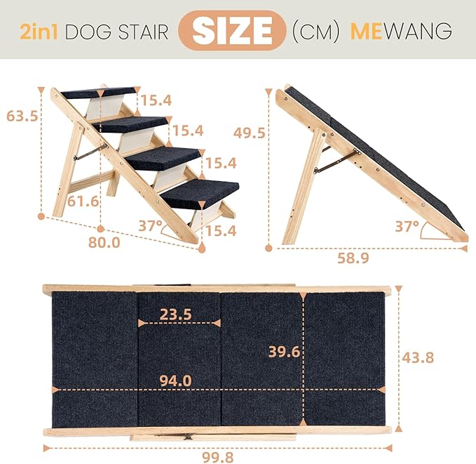 MEWANG Wood Pet Stairs &amp; Ramp for Small/Medium Dogs and Cats, Aging Pets – 3-in-1 Foldable, Portable, Non-Slip Pet Ladder for Tall Beds, Couches,Cars–Holds Up to 220 lbs (31.5" L x 17.2" W x 25.0" H)