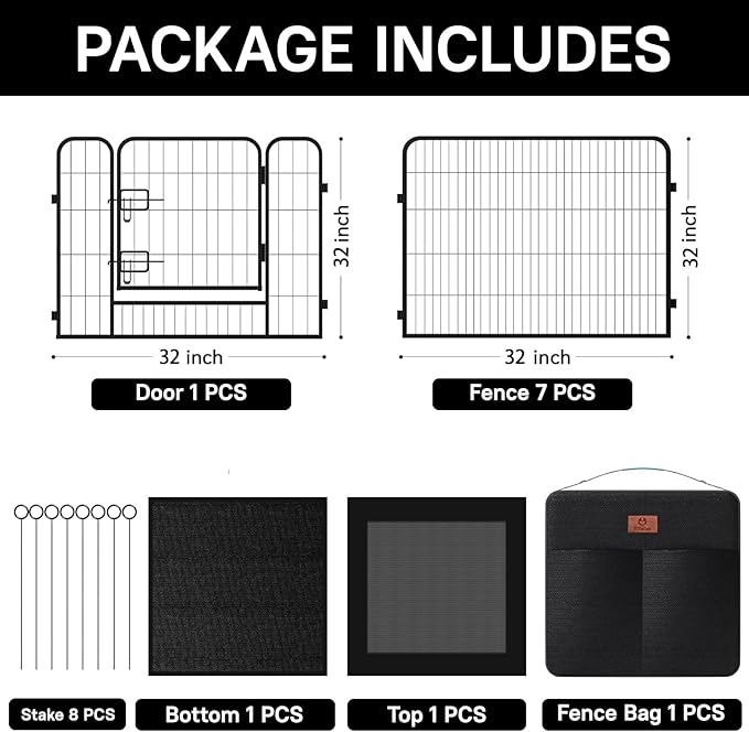 PJYuCien Dog Playpen Plus Storage Bag, 32" H 8 Panels Puppy Pen with Square Bottom &amp; Top Cover, Heavy Duty Dog Fence for Camping
