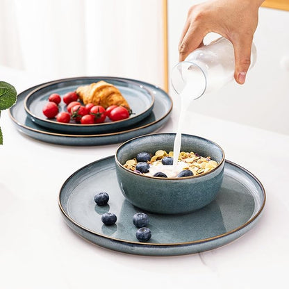GBHOME Ceramic Dinnerware Sets for 6, 18 Pieces Stoneware Plates and Bowls Sets, Scratch Resistant Dishes, Dishwasher &amp; Microwave Safe, Space Blue