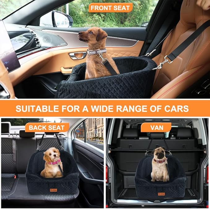 Vivifying Dog Car Seat for Small &amp; Medium Dogs, Detachable &amp; Washable Booster Seat for Pets Up to 30lbs, Travel Bed with Storage Pockets and Safety Belt – Black