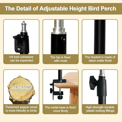 18-27 Inch Height Adjustable Bird Perch Pepper Wood Desktop Bird Training Perch Stand with Feeding Cups and Swing Toy Parakeet Perches Indoor and Outdoor Parrot Stand for Small to Medium Birds