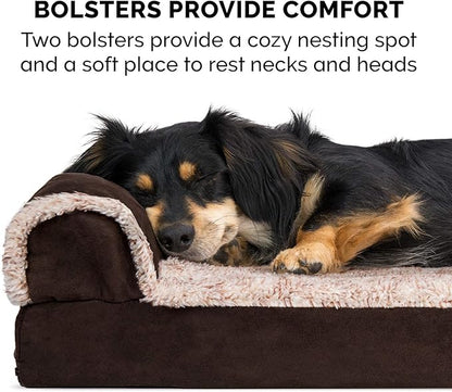 Furhaven Cooling Gel Dog Bed for Large/Medium Dogs w/ Removable Bolsters &amp; Washable Cover, For Dogs Up to 55 lbs - Two-Tone Plush Faux Fur &amp; Suede L Shaped Chaise - Espresso, Large