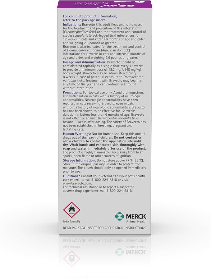 BRAVECTO Topical Solution for Cats, Flea &amp; Tick, 12 Week Supply, >13.8-27.5 lbs., Purple Box