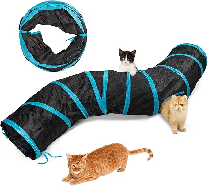Cat Tunnel, S-2-Way Cat Tunnels for Indoor Cats, Interactive Toy Maze Cat House, Foldable Cat Tubes and Tunnels for Cats Kittens, Puppies, Kitty, Kitten, Rabbit, Guinea Pigs (Blue &amp; Black)