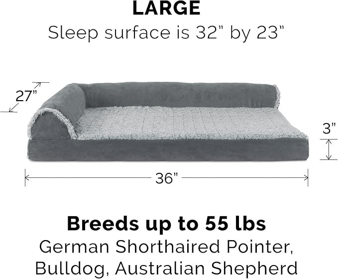 Furhaven Cooling Gel Dog Bed for Large/Medium Dogs w/ Removable Bolsters &amp; Washable Cover, For Dogs Up to 55 lbs - Two-Tone Plush Faux Fur &amp; Suede L Shaped Chaise - Stone Gray, Large
