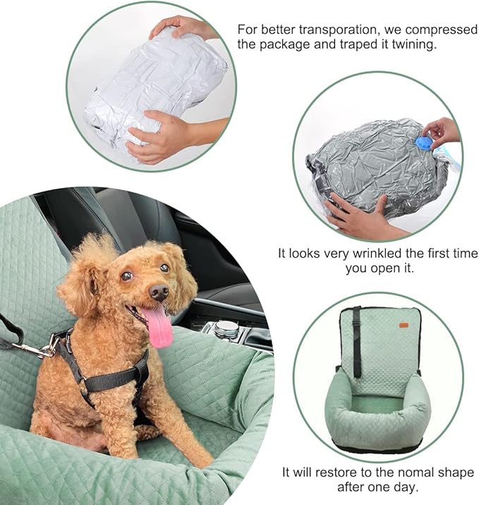 Dog Car Seat for Small Medium Dogs Up to 40lbs, Detachable Washable Soft Pet Booster Travel Bed for Front &amp; Green Seat with Safety Leash Belt