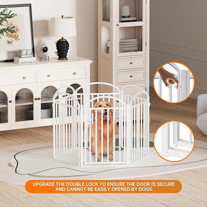 6 Panles Full Matel Freestanding Dog Gates with Door, 144"Extra Wide 32"Tall Free Standing Dog Pet Gate for Indoor &amp; Outdoor. Foldable Pet Fences for Doorways, House, Stairs, Porch, Deck, Yard