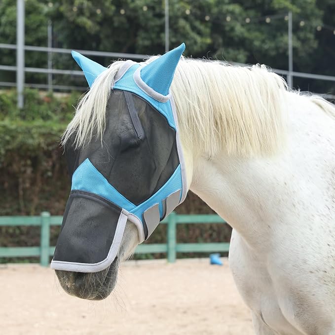 Horse Fly Mask with Ears &amp; Long Nose Cover | Forelock Opening for Tangle-Free Mane Care | UV Protection &amp; Breathable Mesh | No Rub Fit and Enhanced Visbility for Trail Riding Paleblue Pony