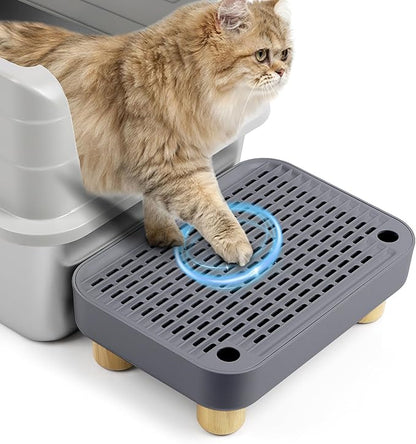 Cat Litter Box Step Ramp, Cat Litter Catcher Mat with Wooden Feet, Filter Function, Cat Pedal Stool for Self-Cleaning Cat Litter Box, Ideal for Kitten &amp; Elderly Cats (Dark Grey)
